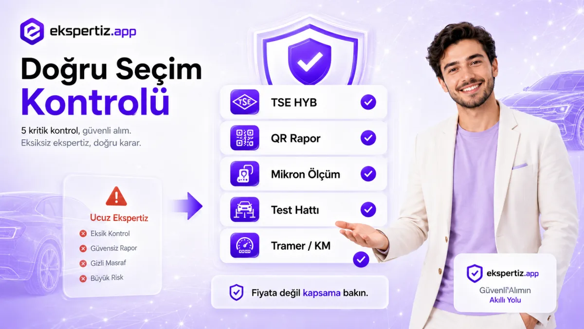 Doğru ekspertiz işletmesi seçim kontrolü: TSE HYB, QR rapor, mikron ölçüm, test hattı, tramer/km sorgusu