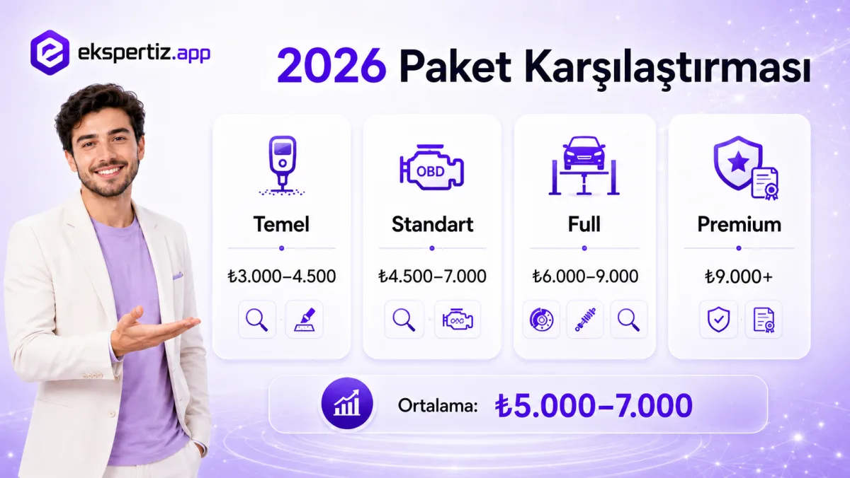 2026 oto ekspertiz paket karşılaştırması: Temel, Standart, Full ve Premium paket fiyat bantları